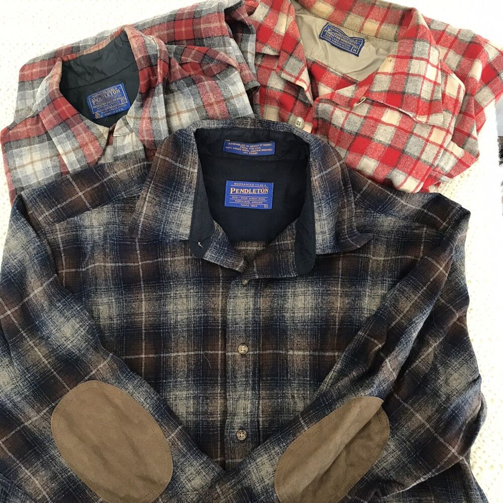 VTG Pendleton Loop Collar Board Shirt Mens Medium Wool 60s Shadow Plaid Lot Of 3